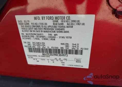 2019 Ford Ecosport Se z USA, uszkodzony, nr VIN MAJ3S2GE9KC304973